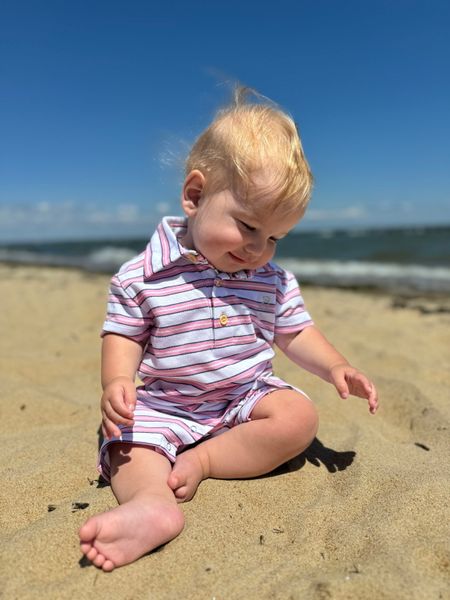 pink, navy, white, stripe, stripes, striped, pique, polo, romper, button, buttons, collar, fair, hair, little, boy, sitting, in, sand, spring, summer, henry,        