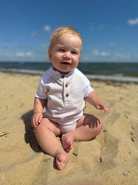 beige, white, striped, raglan, onesie, button, buttons, baby, at, coast .fair, hair, summer, henry.