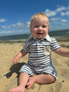 navy, stripe, stripes, striped, polo,  Romper, button, buttons, collar, pocket, fair, hair, baby, boy, sitting, in, sand, spring, summer, henry..