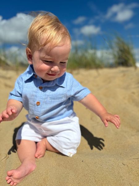 blue, woven, onesie, button, buttons, pocket, white, twill, shorts, fair, hair, little, baby, boy, playing, in, sand, summer, henry, 