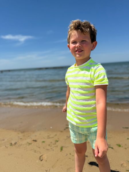 Lime, white, stipe, stripes, striped, tee, neon, blue, shorts, dark, hair, boy, at, the, beach, summer, henry. 