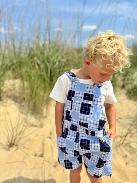 little, boy, wearing, navy, multi, plaid, woven, overalls, white, tee, blonde, hair, got, hands, in, his, pockets, at, the, beach, summer, henry.