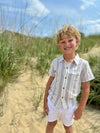 Aqua, blue, red, blue, stripe, stripes, striped, white, shorts, beach, shirt, button, buttons, short, sleeves, boy, summer, Henry.