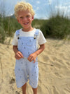 Anchor, , print, seersucker, woven, buckled, overalls, white, tee, blonde, hair, boy, at, the, beach, summer, henry.