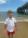 White, shirt, red, swim, shorts, beach, button, buttons, short, sleeves, boy, summer, Henry.