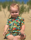 Molokai, Hibiscus, printed, romper, button, buttons, collar, brown, hair, baby, boy, sitting with, legs, crossed, in, sand, spring, summer, henry.