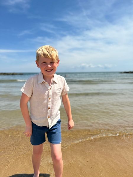 Beige, shirt, beach, blue, shorts, button, buttons, short, sleeves, boy, summer, Henry.