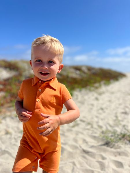 tangerine, pique, polo, romper, button, buttons, collar, fair, hair, little, boy,              at, the, beach, cool, look, spring, summer, henry,