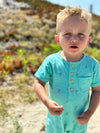 aqua, henry, print, Henley, romper, button, buttons, pocket, little, boy, at, the, beach, spring, summer, henry.