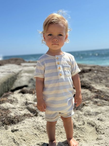 blue, cream, thick, stripe, Henley, romper, button, buttons, pocket,  little, boy, at, the, coast, spring, summer, henry.