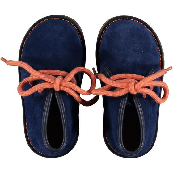 suede, shoes, laces, footwear, boots, blue, navy, orange laces, kids shoes , kids boots, leather, rubber sole, comfy, low-rise