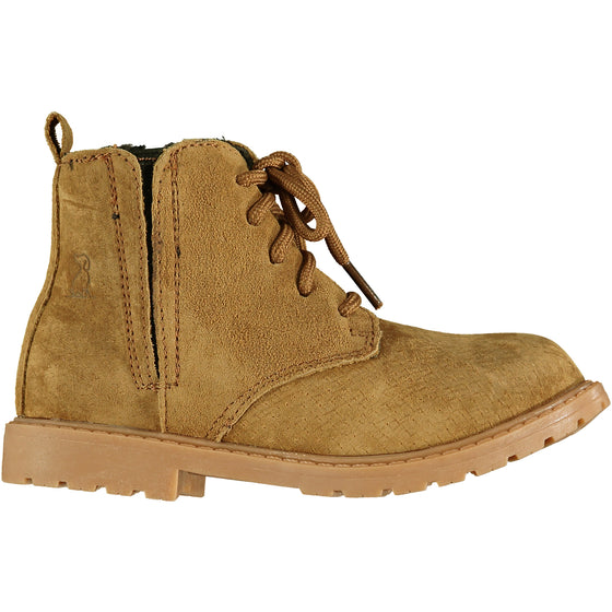 tan suede boots, brown, kids boots, leather, rubber sole, comfy , zip on inner side, brown laces