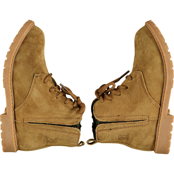 tan suede boots, brown, kids boots, leather, rubber sole, comfy , zip on inner side, brown laces