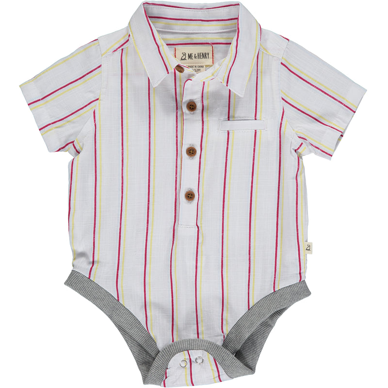 Red/blue/gold stripe short sleeved woven onesie