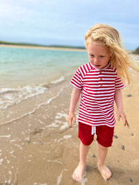 Red/white stripe short sleeved henley tee