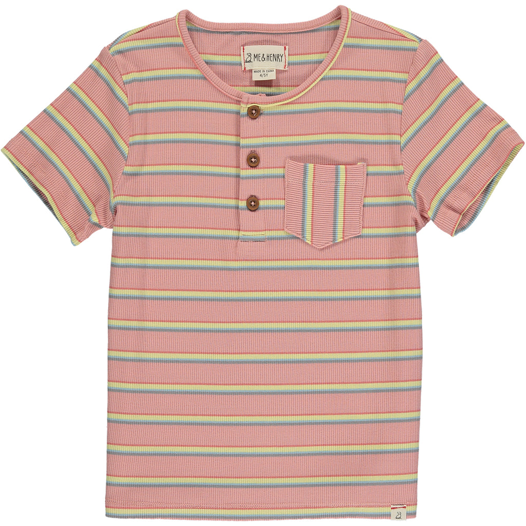 Pink multi stripe short sleeved henley tee