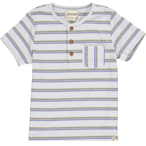 White multi stripe short sleeved henley tee