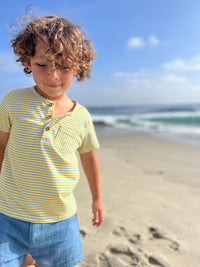 Royal/yellow stripe short sleeved henley tee