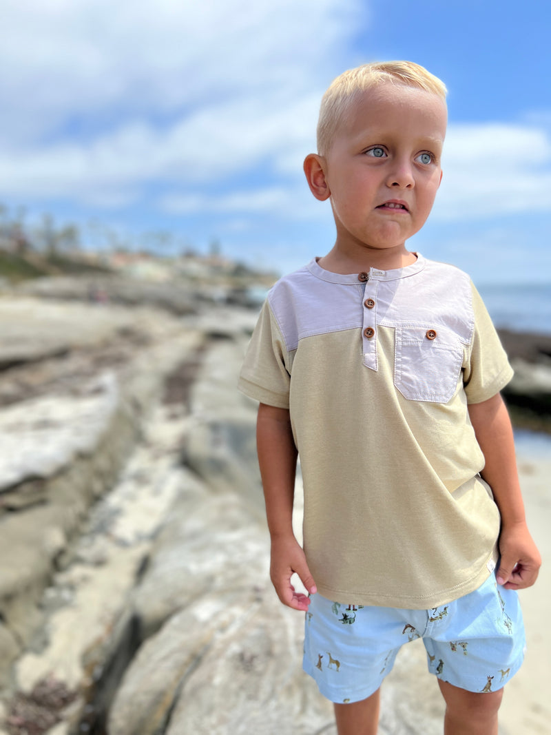 Beige pique short sleeved Henley tee