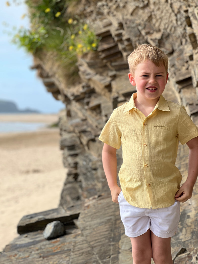 Gold Micro Plaid Short Sleeved Shirt