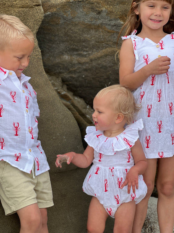 Little, boy, wearing, Lobster, shirt, button, buttons, Beige, shorts, baby, girl, wearing, Lobster, print, onesie, other, little, girl, wearing, Lobster, print, dress, button, buttons, summer, henry.