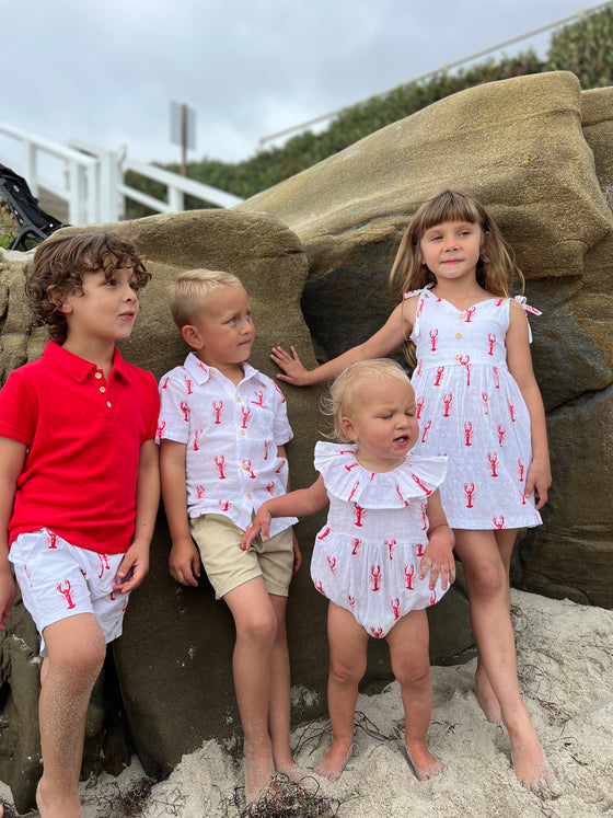 Red, polo, button, buttons, lobster, print, shorts, lobster, printed, shirt, button, buttons, beige, shorts, lobster, print, onesie, lobster, printed, dress, summer, henry