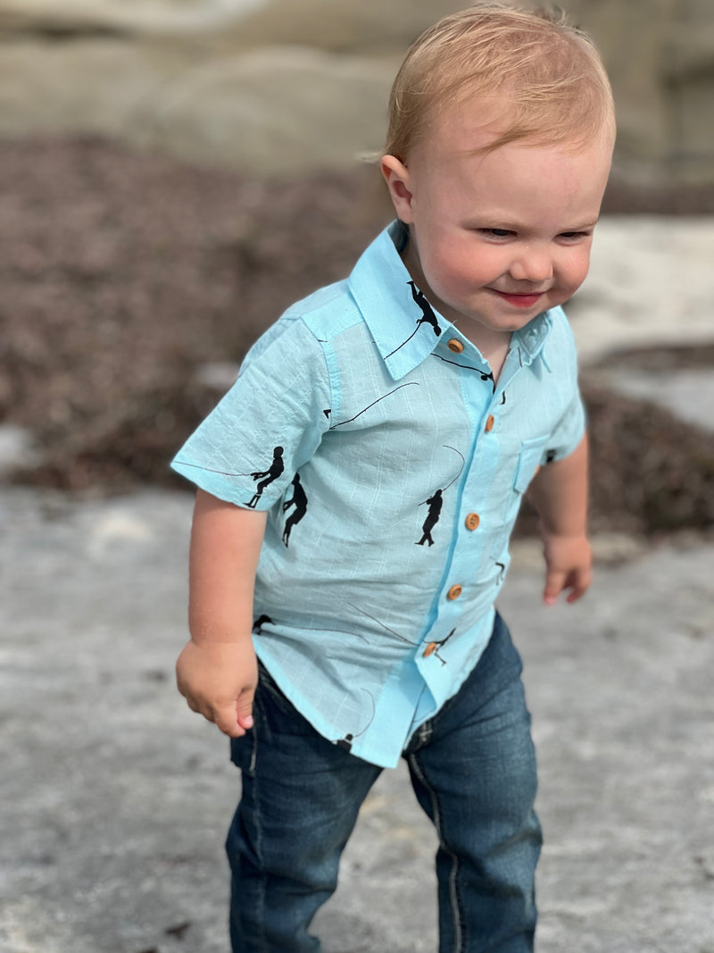 Blue w/charcoal fisherman print short sleeved shirt