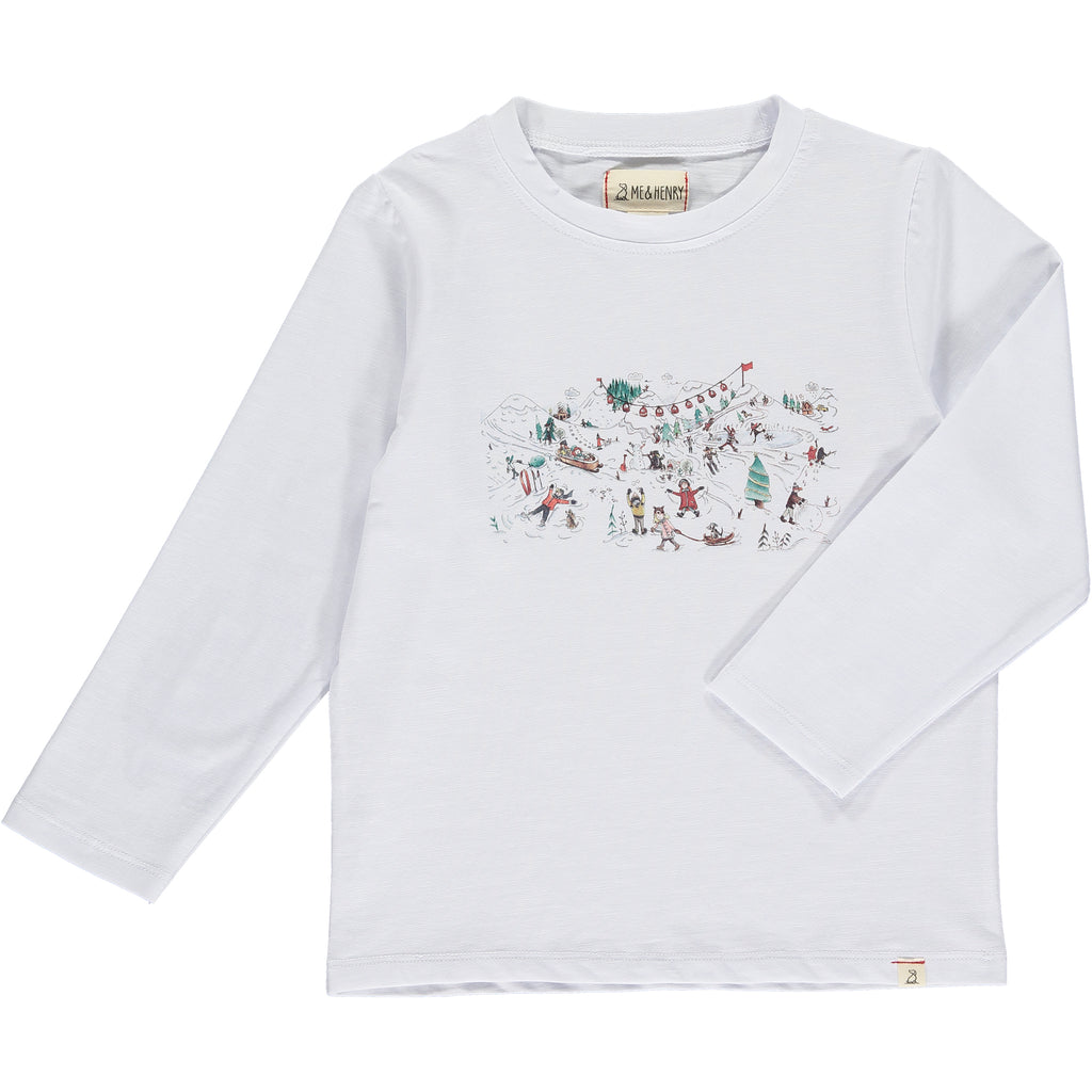 white long sleeve tee, round neck, cotton, snow scene miniature picture  containing snowy background, kids skiing, xmas trees