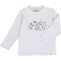 white long sleeve tee, round neck, cotton, snow scene miniature picture  containing snowy background, kids skiing, xmas trees