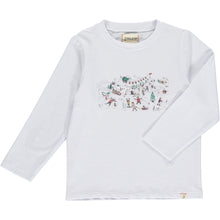  white long sleeve tee, round neck, cotton, snow scene miniature picture  containing snowy background, kids skiing, xmas trees