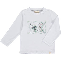 white long-sleeved tee, miniature snow angel scene, little boy and dog laying in the snow making snow angels