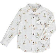  white long sleeve cotton shirt, little boy and Henry dog print all over, cuffed writs, buttons down, collar, pocket