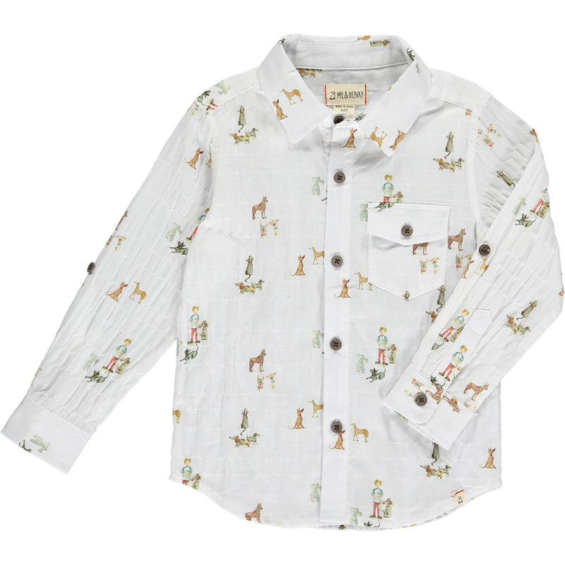 white long sleeve cotton shirt, little boy and Henry dog print all over, cuffed writs, buttons down, collar, pocket