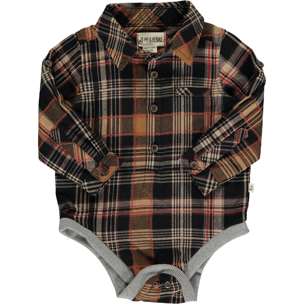 brown plaid woven onesie, buttons down, poppers, cuffed wrists, collar, pocket on chest