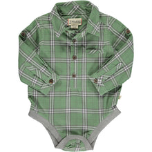  sage plaid woven onesie, buttons down, poppers, cuffed wrists, collar, pocket on chest