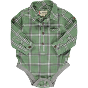 sage plaid woven onesie, buttons down, poppers, cuffed wrists, collar, pocket on chest