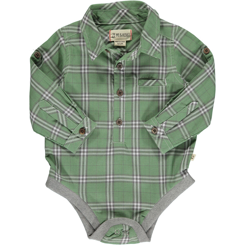 sage plaid woven onesie, buttons down, poppers, cuffed wrists, collar, pocket on chest