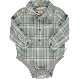 blue/white/ brown plaid woven onesie, buttons down, poppers, cuffed wrists, collar, handkerchief pocket