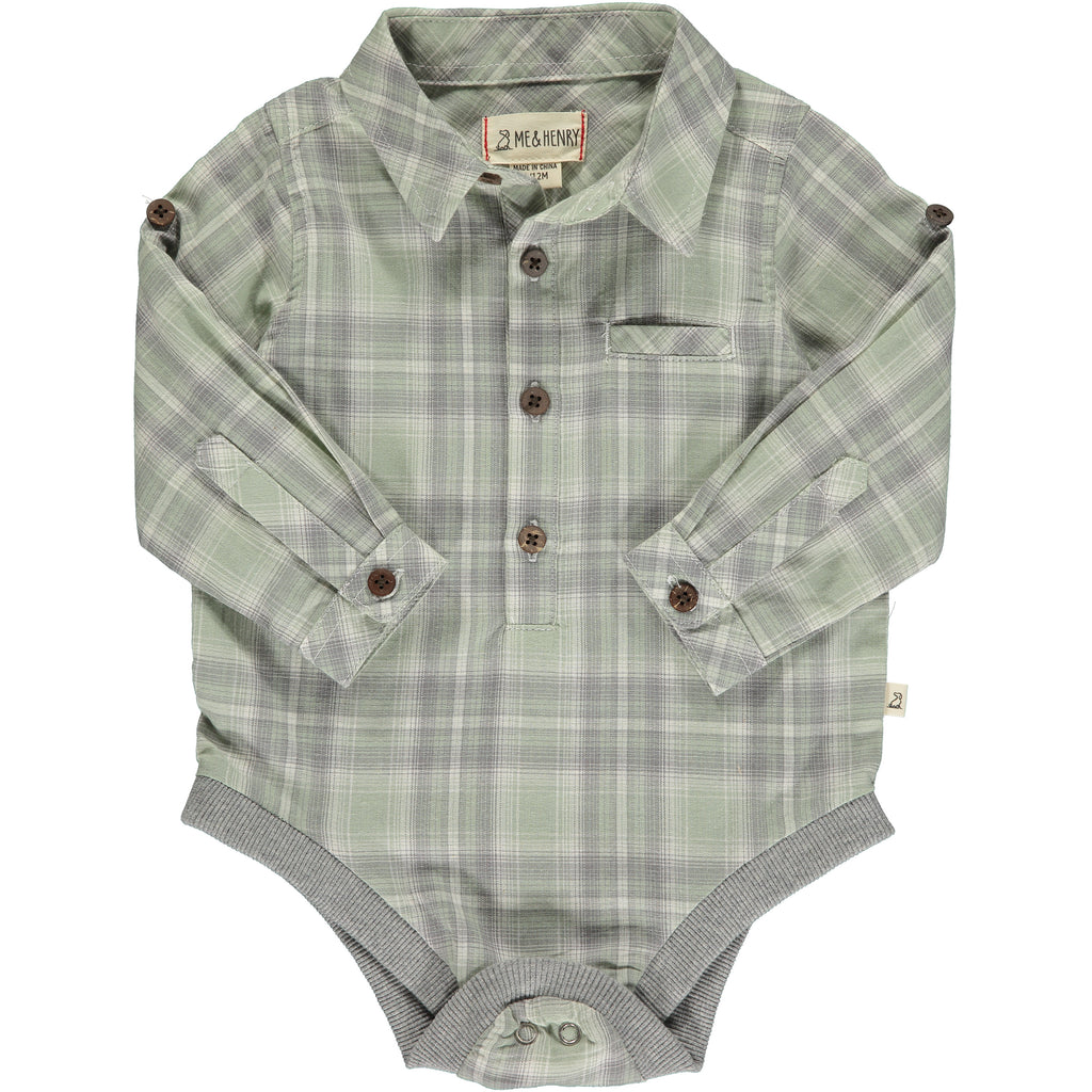 sage/ grey plaid woven baby onesie, smart collar, cuffed wrists with brown buttons, 4 brown buttons at the front from top to middle, poppers, handkerchief pocket
