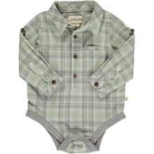  sage/ grey plaid woven baby onesie, smart collar, cuffed wrists with brown buttons, 4 brown buttons at the front from top to middle, poppers, handkerchief pocket