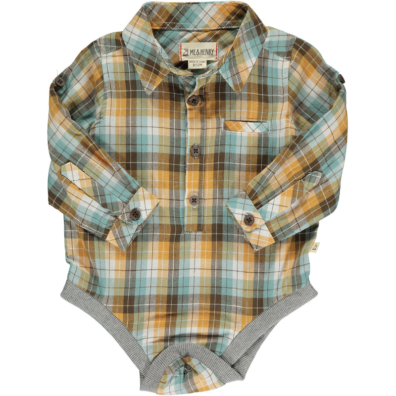 tan/ brown/ blue plaid woven onesie, buttons down, poppers, cuffed wrists, collar, handkerchief pocket