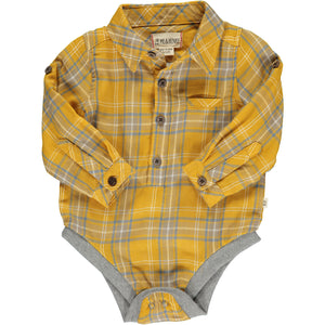 gold/ grey plaid woven onesie, buttons down, poppers, cuffed wrists, collar, handkerchief pocket