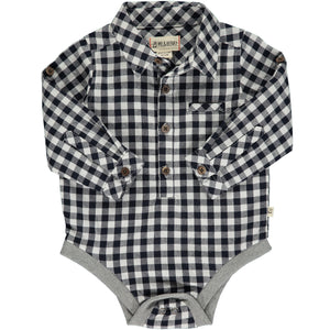 black and white plaid woven onesie, buttons down, poppers, cuffed wrists, collar, pocket on chest