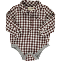brown and white plaid woven onesie, buttons down, poppers, cuffed wrists, collar, pocket on chest