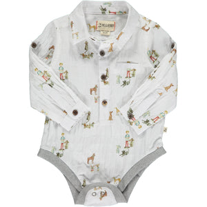 white long sleeve cotton shirt, little boy and Henry dog print all over, cuffed writs, buttons down, collar, pocket ,poppers