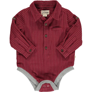 red and white vertical thin stripe woven onesie, buttons down, poppers, cuffed wrists, collar, pocket on chest