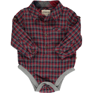  red multi plaid woven onesie, buttons down, poppers, cuffed wrists, collar, pocket on chest