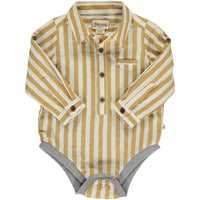 gold and white vertical stripe woven onesie, buttons down, poppers, cuffed wrists, collar, pocket on chest