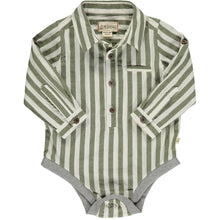  green and white vertical stripe woven onesie, buttons down, poppers, cuffed wrists, collar, pocket on chest