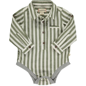 green and white vertical stripe woven onesie, buttons down, poppers, cuffed wrists, collar, pocket on chest